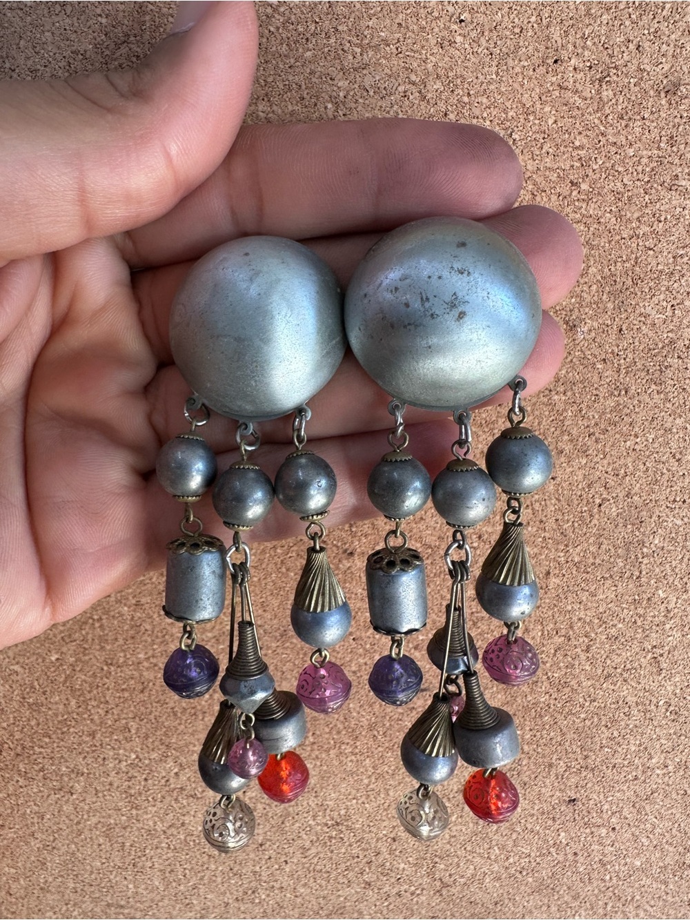 Vintage Oversized Silver Tone Dangle Earrings with Multicolor Beads